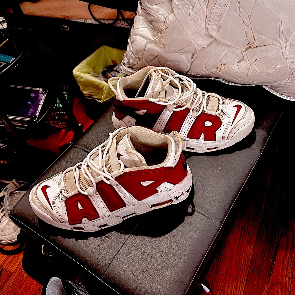 Men’s Nike air more uptempos. White and red